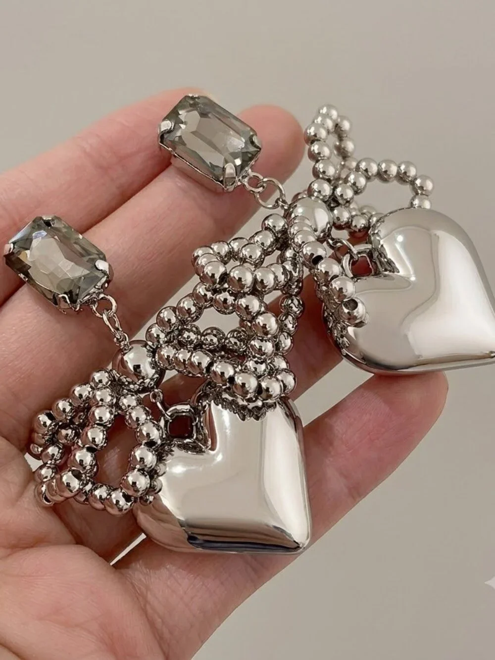 ✨  Silver Chrome Bow Heart & Crystal Earrings ✨ Tarnish-Resistant ✨ Mirroring
